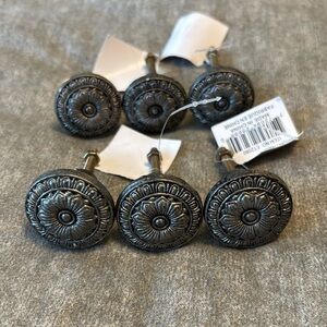 SET OF SIX hardware dresser knobs furniture handles silver toned floral design